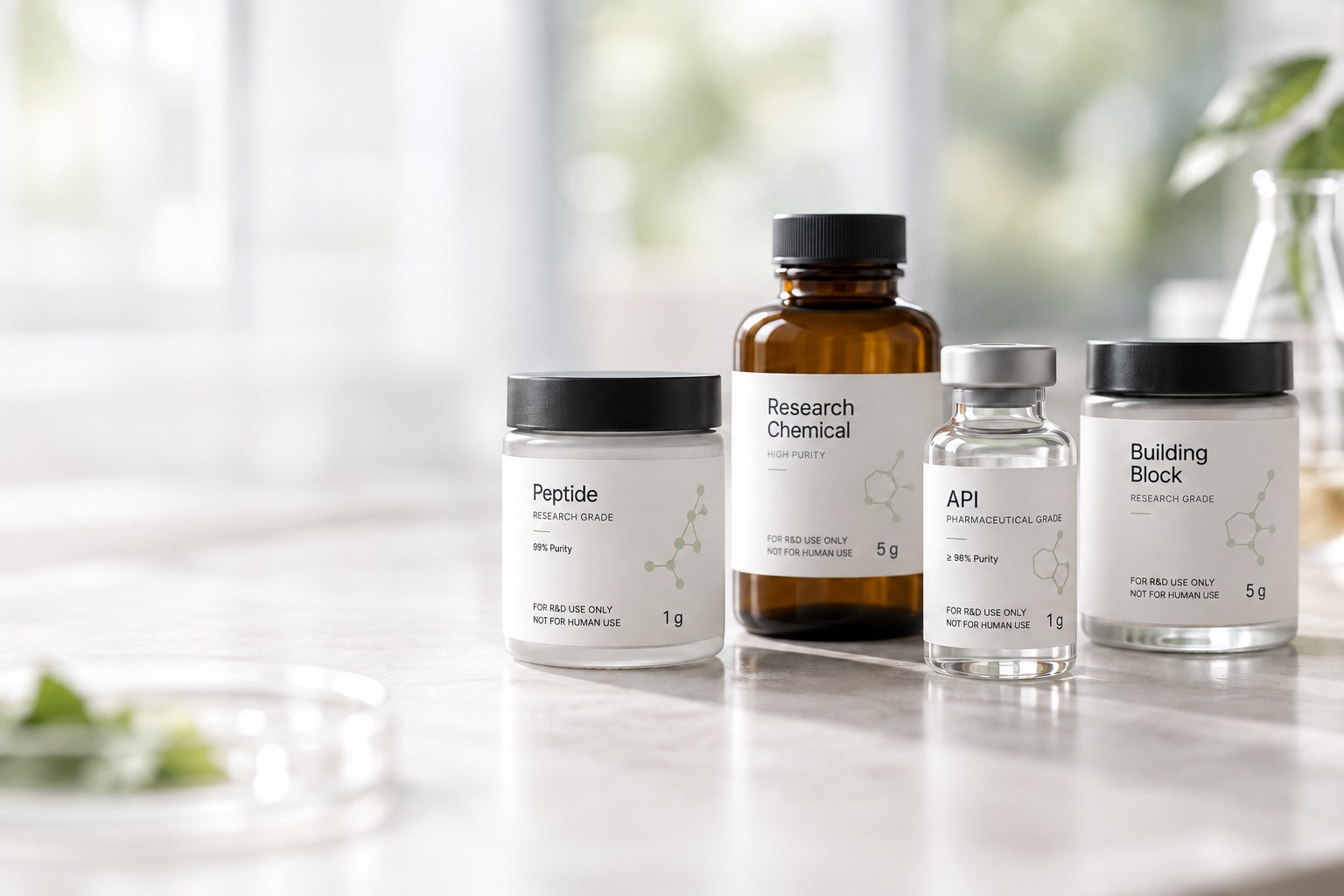 Abiozen laboratory containers for peptides, building blocks, research chemicals, generic APIs, reference standards, and custom synthesis