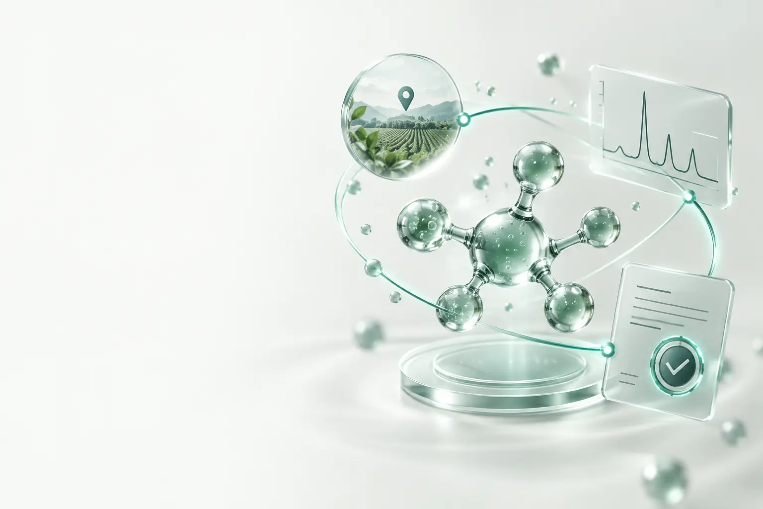 Molecule linked to a supplier-origin marker, a chromatogram trace, and a verified certificate of analysis