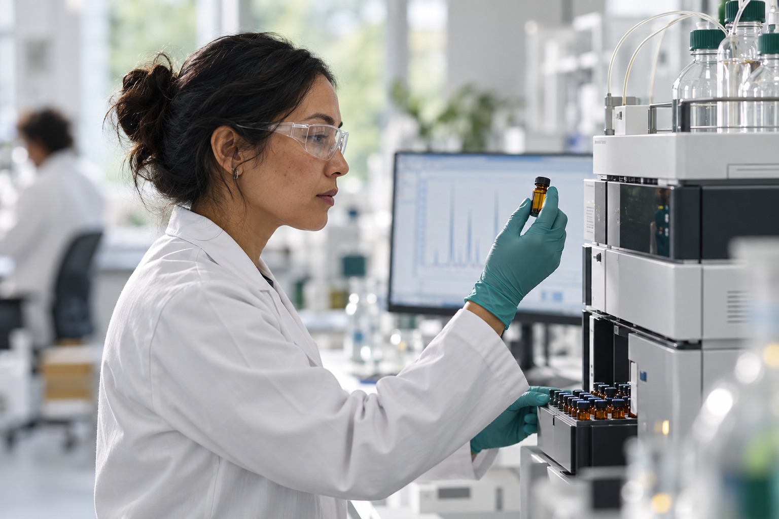 Scientist operating analytical laboratory equipment