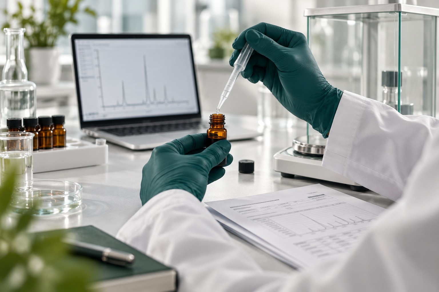Gloved scientist preparing a laboratory sample beside documentation