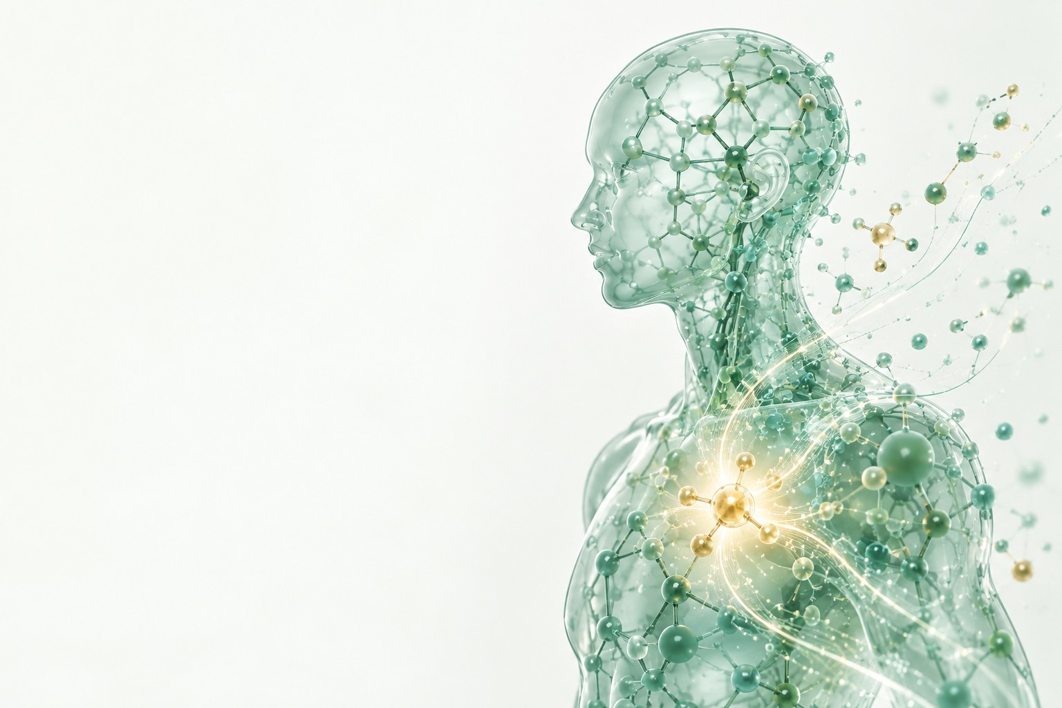 Translucent human figure rendered as a lattice of molecular structures