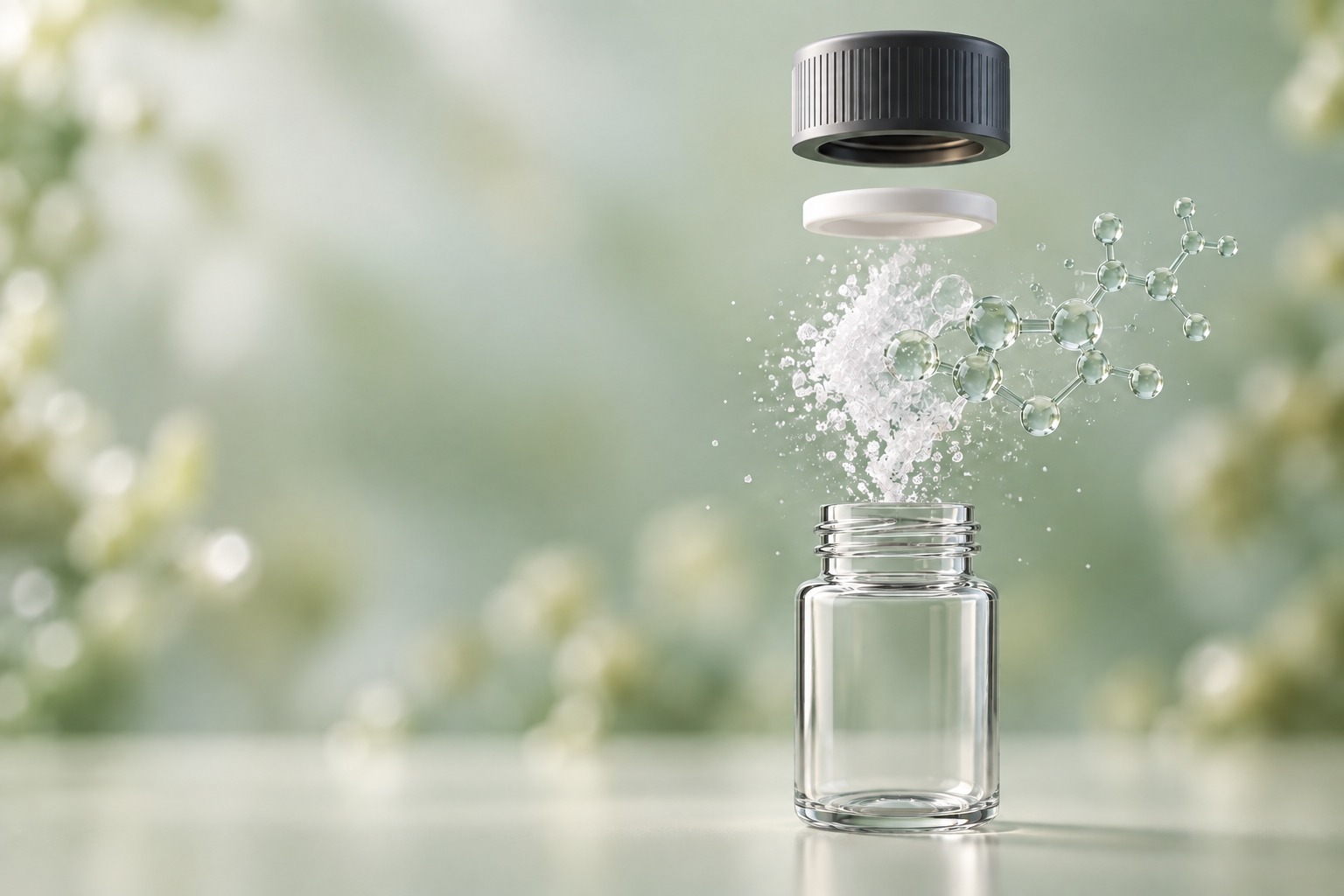 Clear laboratory vial shown exploded, with its cap, liner, crystalline contents and molecular structure separated